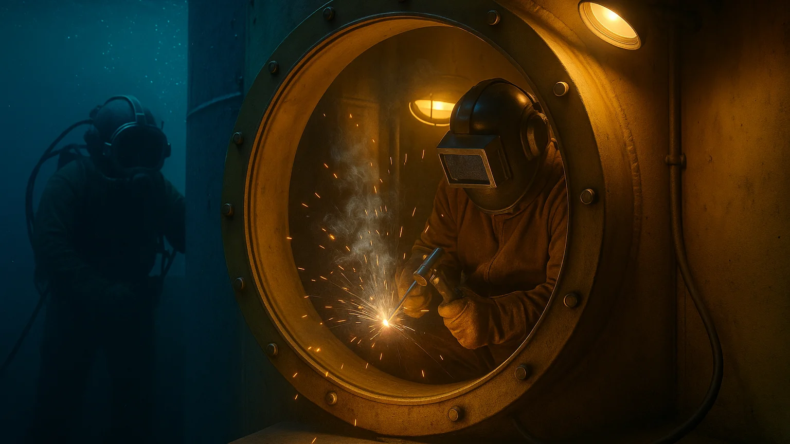 A realistic cutaway underwater photograph showing a dry hyperbaric welding chamber attached to a submerged metal structure. Inside the chamber, a welder wearing a dark protective helmet and gloves performs stick welding (SMAW) on a steel surface under warm orange light. The interior is completely dry and filled with air, highlighting the safety and control of the pressurized environment. Outside the chamber, blue-green ocean water and another diver are visible through the window, creating a vivid contrast between the dry interior and the surrounding underwater environment. The bright welding arc and sparks illustrate the precision and quality of hyperbaric dry stick welding used in offshore and marine construction.
