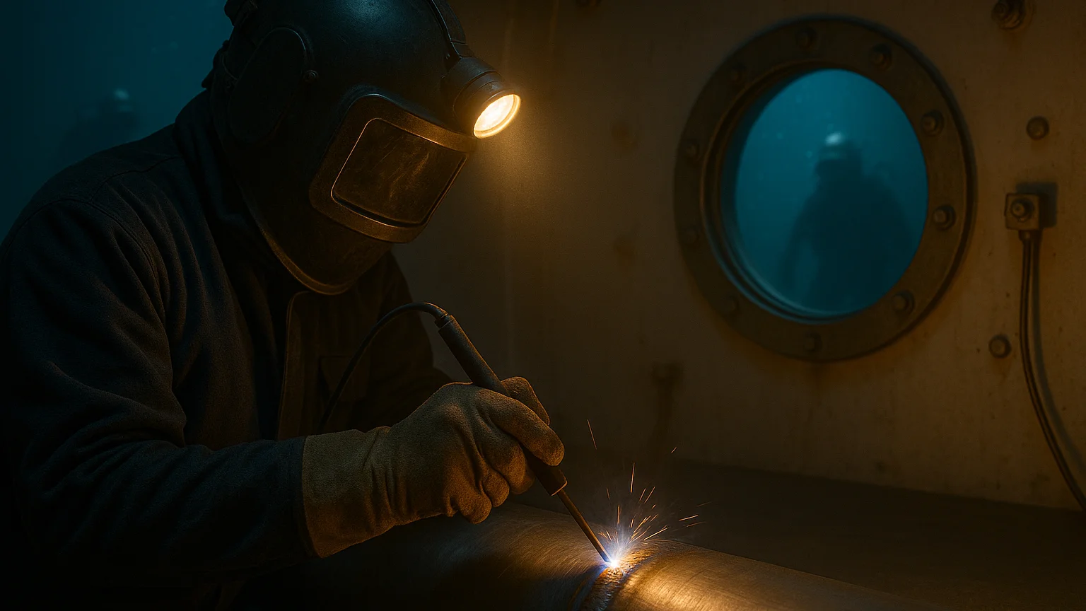 A realistic 16:9 photograph showing a welder performing stick welding (SMAW) inside a dry hyperbaric chamber beneath the ocean. The welder wears a dark protective helmet equipped with a mounted headlamp that illuminates the weld area. Bright orange sparks and a glowing arc reflect off the steel surface as the welder maintains a precise hand position in the clean, pressurized, air-filled environment. Through the round porthole window, the blue underwater surroundings and a diver are visible, contrasting with the warm orange light inside. The image illustrates the high-quality, controlled conditions of hyperbaric stick welding used in offshore engineering and structural repair.