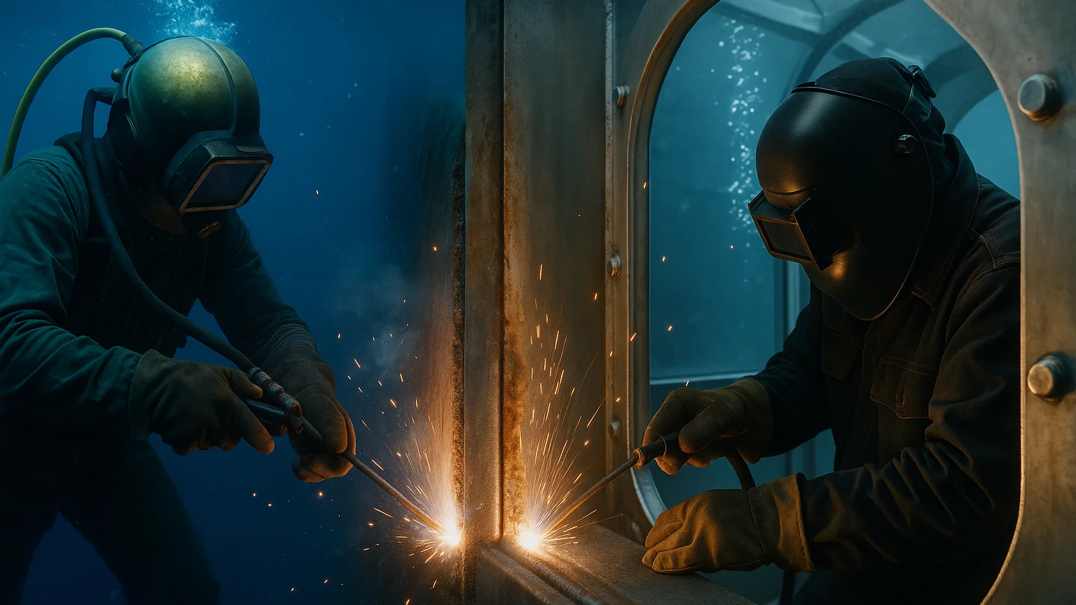 A highly realistic underwater split-scene photograph showing two welders simultaneously performing stick welding (SMAW). On the left, a diver in a full helmet and diving suit performs wet underwater welding directly on a steel structure, surrounded by bubbles, dim blue light, and a bright orange welding arc. On the right, another welder inside a dry hyperbaric chamber carries out the same stick welding operation in air under pressure, clearly visible through the chamber’s round window. The image captures the contrast between wet underwater welding and dry hyperbaric welding, emphasizing differences in visibility, arc behavior, and welding quality in marine construction and offshore repair work.