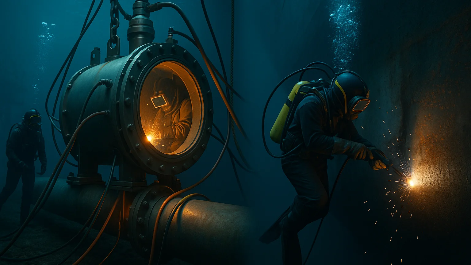 A realistic 16:9 split-scene underwater photograph showing the different applications of hyperbaric and wet underwater welding in marine engineering. On the left, a welder operates inside a dry hyperbaric chamber attached to a subsea oil or gas pipeline near an offshore platform leg, emitting warm orange light that symbolizes precision and advanced construction. Cables and hoses extend from the chamber, representing industrial-scale infrastructure. On the right, a diver performs wet stick welding on a ship hull or dock structure in cold blue water, surrounded by bubbles and marine growth, symbolizing fast emergency repair and maintenance work. The image contrasts long-term engineering projects powered by hyperbaric welding with quick underwater repair tasks performed using wet welding techniques.