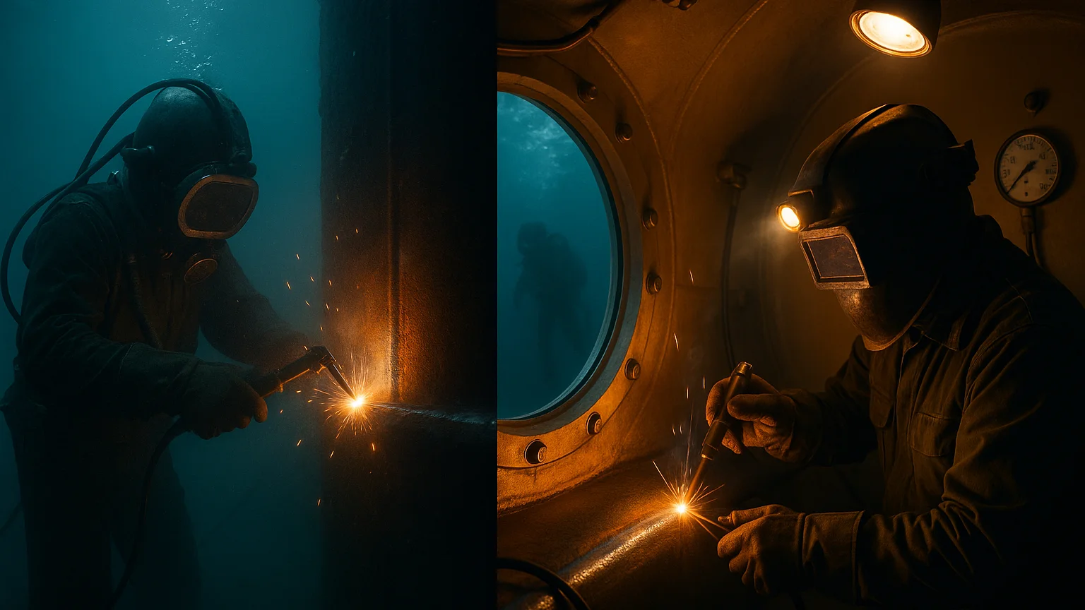 A realistic 16:9 cinematic underwater photograph symbolizing the conclusion and balance between hyperbaric and wet underwater welding. On the left, a dry hyperbaric welding chamber attached to an offshore pipeline glows with warm orange light, representing precision, safety, and engineering excellence in high-value marine construction. On the right, a diver performs wet stick welding on a submerged structure under blue-green light, representing speed, accessibility, and cost efficiency for emergency or shallow-water repairs. The image conveys harmony between technology and practicality, showing how both techniques together maintain the safety and functionality of offshore pipelines, platforms, and renewable energy foundations in demanding underwater environments.