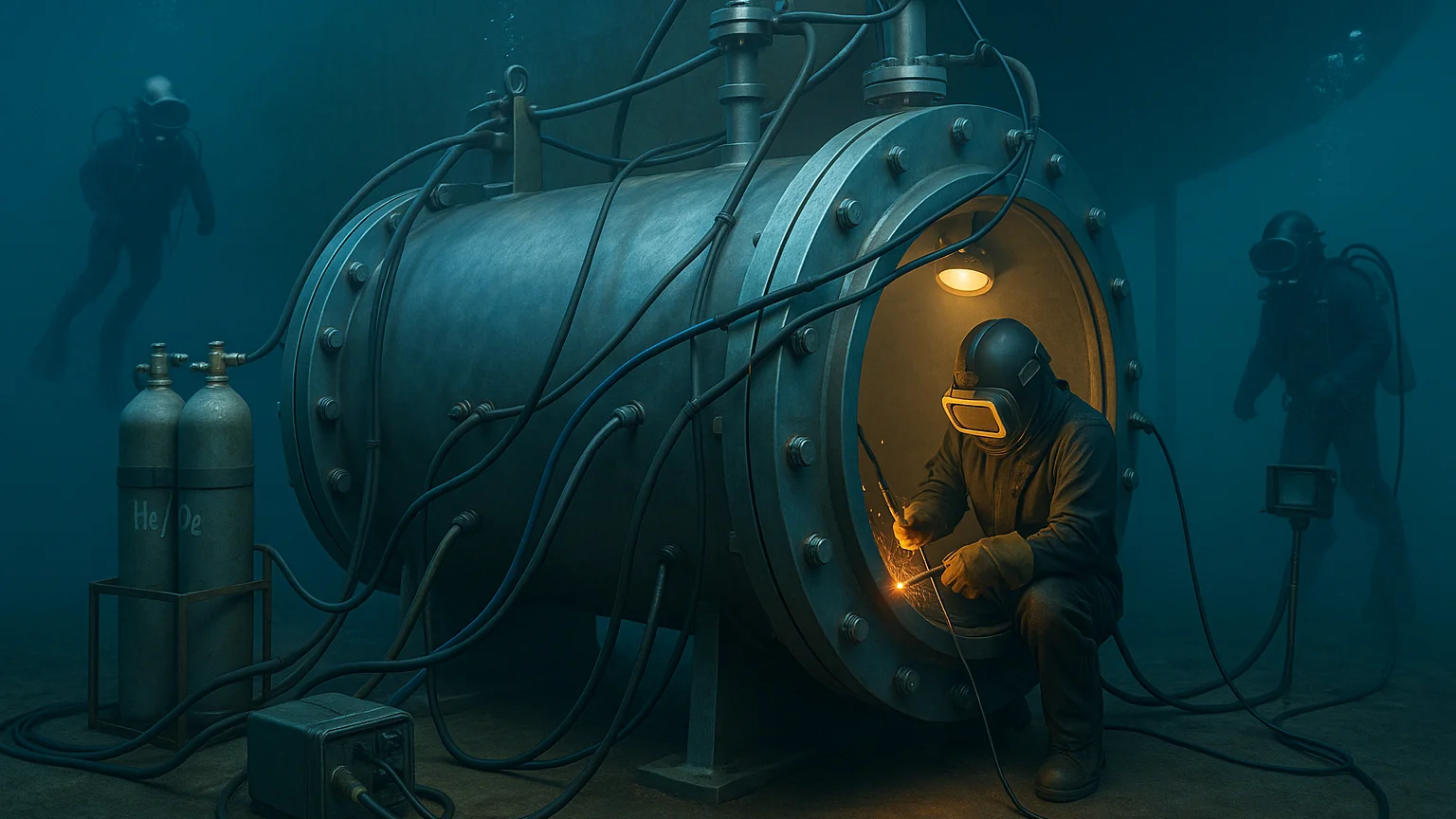 A realistic underwater photograph showing the complete setup of a hyperbaric welding system. A large cylindrical pressure-resistant chamber is bolted to a submerged steel structure, with a welder inside performing stick welding (SMAW) under warm orange light. Outside the chamber, thick power cables, communication lines, and gas hoses connect to helium-oxygen supply cylinders labeled He/O₂. Additional divers work nearby, monitoring the setup while bubbles rise in the cold blue water. The scene illustrates the complex infrastructure of hyperbaric welding, including the chamber, gas supply lines, communication systems, and subsea power sources that enable safe dry welding operations beneath the ocean surface.