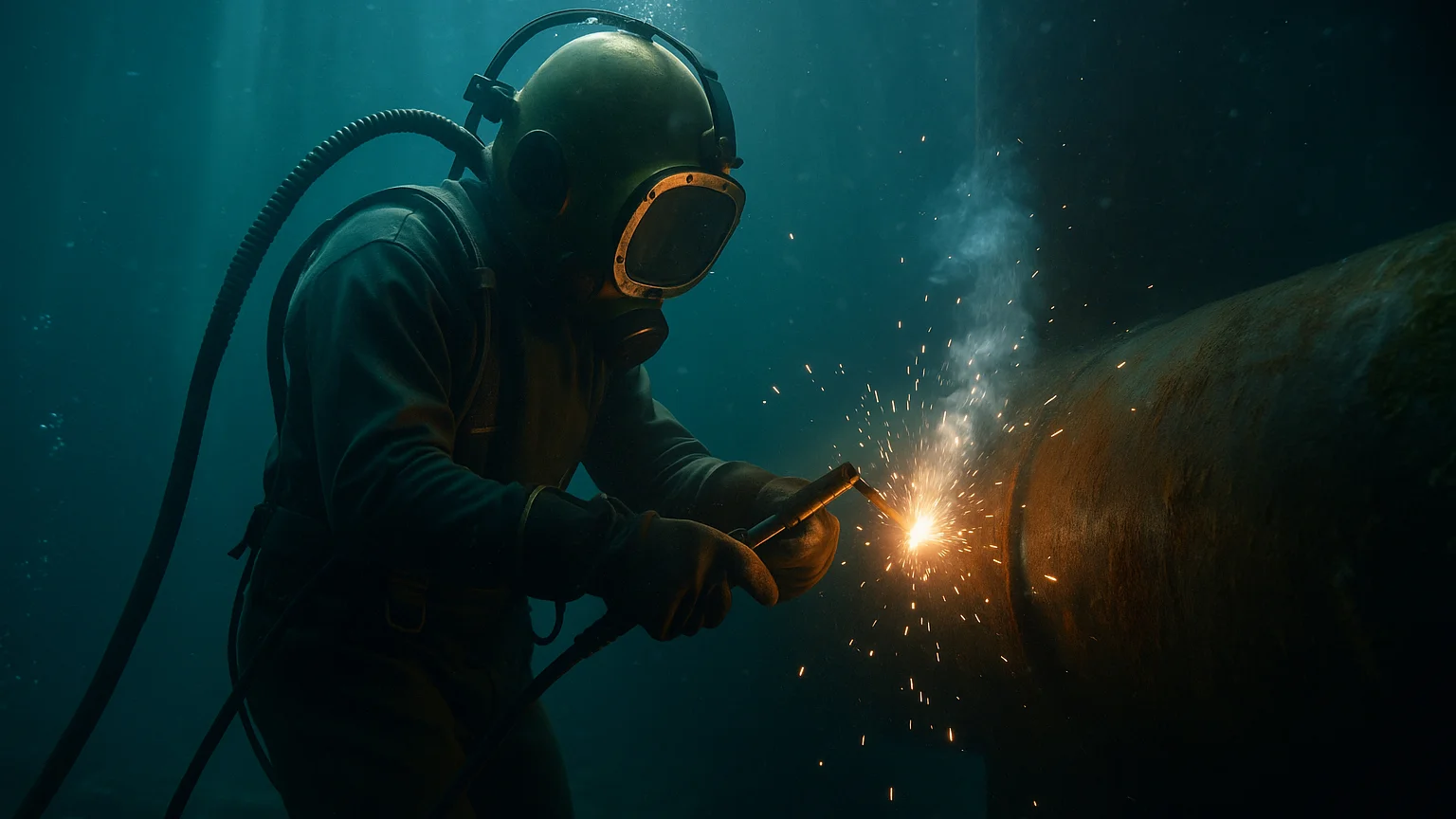 A realistic underwater photograph showing a professional diver performing wet stick welding (SMAW) on a large rusted steel structure at depth. The diver, wearing a heavy full-face diving helmet and thick protective suit, stabilizes the electrode holder as bright orange sparks and bubbles rise through the dark, murky water. Dim blue-green light filters from above, with suspended particles and low visibility illustrating the challenging underwater environment. The image captures the harsh conditions of wet welding, including water pressure, currents, limited light, and the diver’s intense concentration needed for precision and safety.