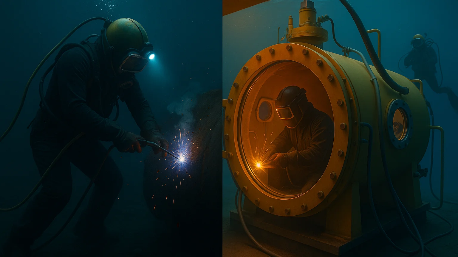 A realistic 16:9 split-scene underwater photograph comparing the cost and efficiency of wet and hyperbaric welding. On the left, a diver performs wet stick welding (SMAW) in open water with basic equipment, dim blue light, and rising bubbles, symbolizing a low-cost, fast repair setup often used in harbors for short-term maintenance. On the right, a welder operates inside a bright hyperbaric chamber filled with dry air, surrounded by advanced machinery, power lines, and gauges, representing a higher-cost but more efficient and durable welding process. The contrast in lighting and detail highlights the economic trade-off between quick, inexpensive wet welding and high-quality, long-lasting hyperbaric welding operations.